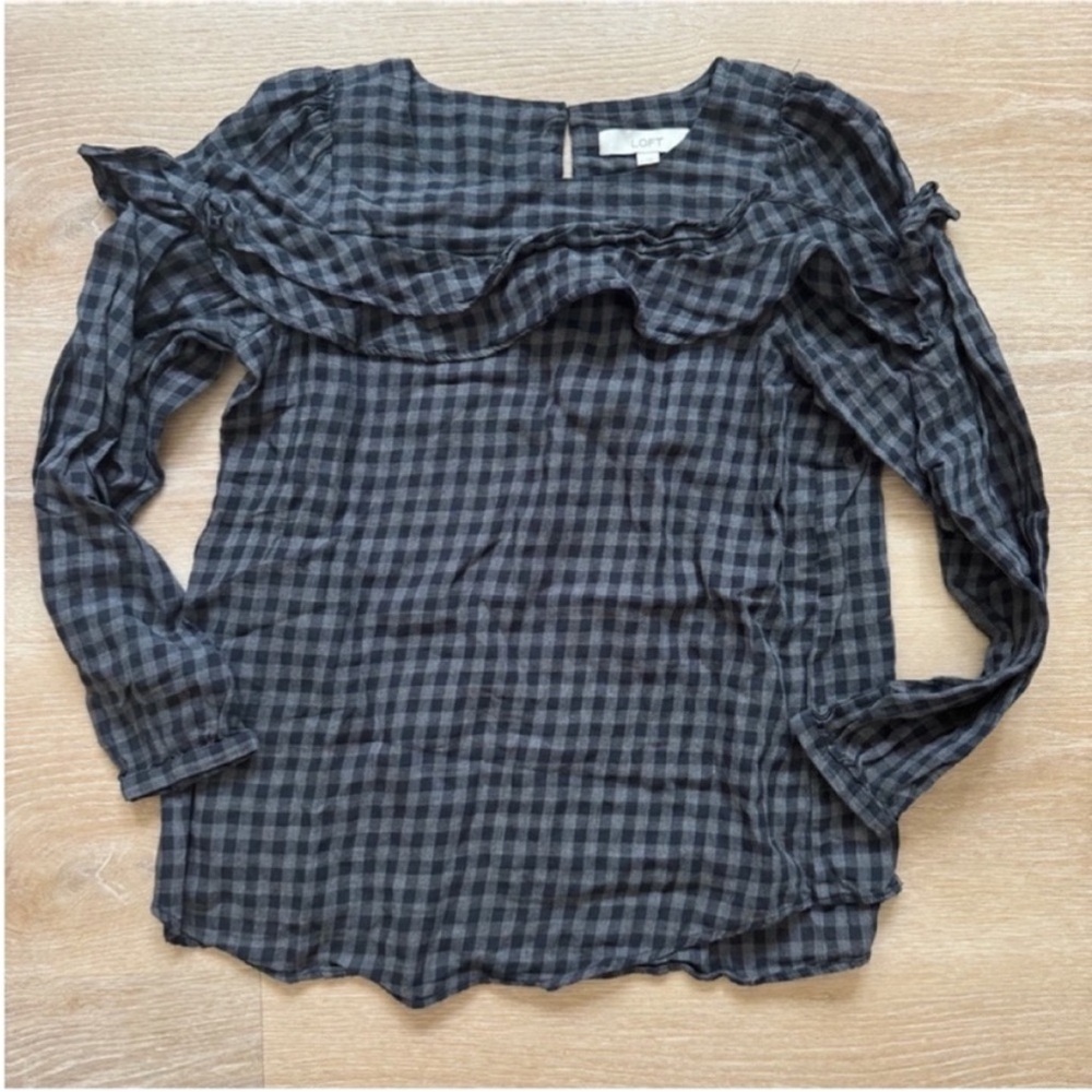 LOFT Gray Cotton Buffalo Checked Ruffle Blouse